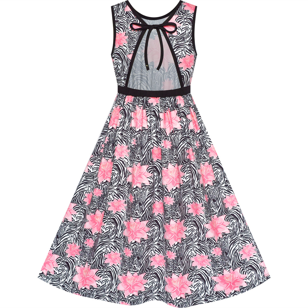 Girls Dress Tie Back Flower Black Pink ...